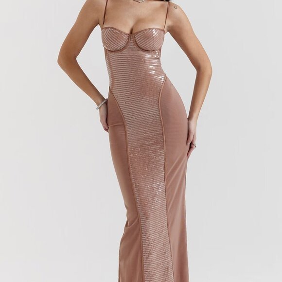 HOUSE OF CB 'Bonita' Cafe Au Lait Sequin Maxi Dress NWOT - Picture 3 of 15